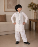 Boys White Mirror Work Kurta Pajama Set For Boys