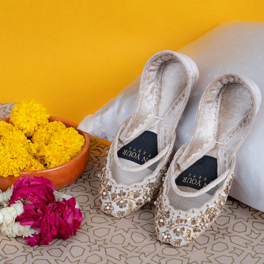 Gilded Grace Khussas – Champagne Velvet with Pearl & Gold Embroidery For Women