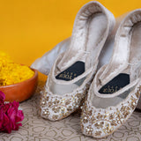 Gilded Grace Khussas – Champagne Velvet with Pearl & Gold Embroidery For Women