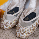 Gilded Grace Khussas – Champagne Velvet with Pearl & Gold Embroidery For Women