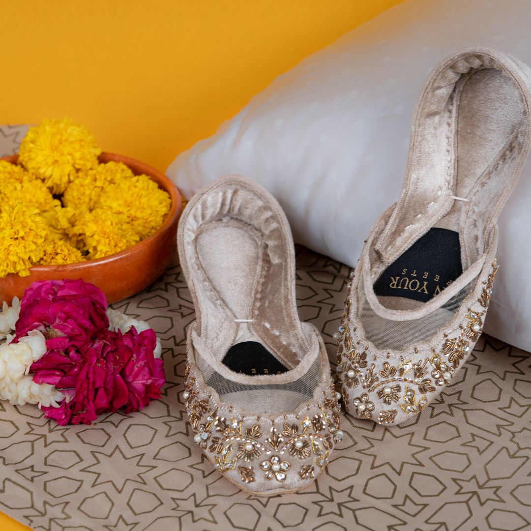Gilded Grace Khussas – Champagne Velvet with Pearl & Gold Embroidery For Women