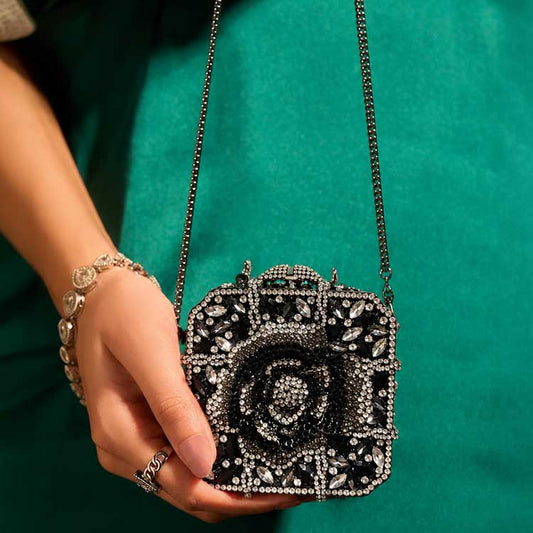 Luxury Black Crystal Rose Clutch For Women