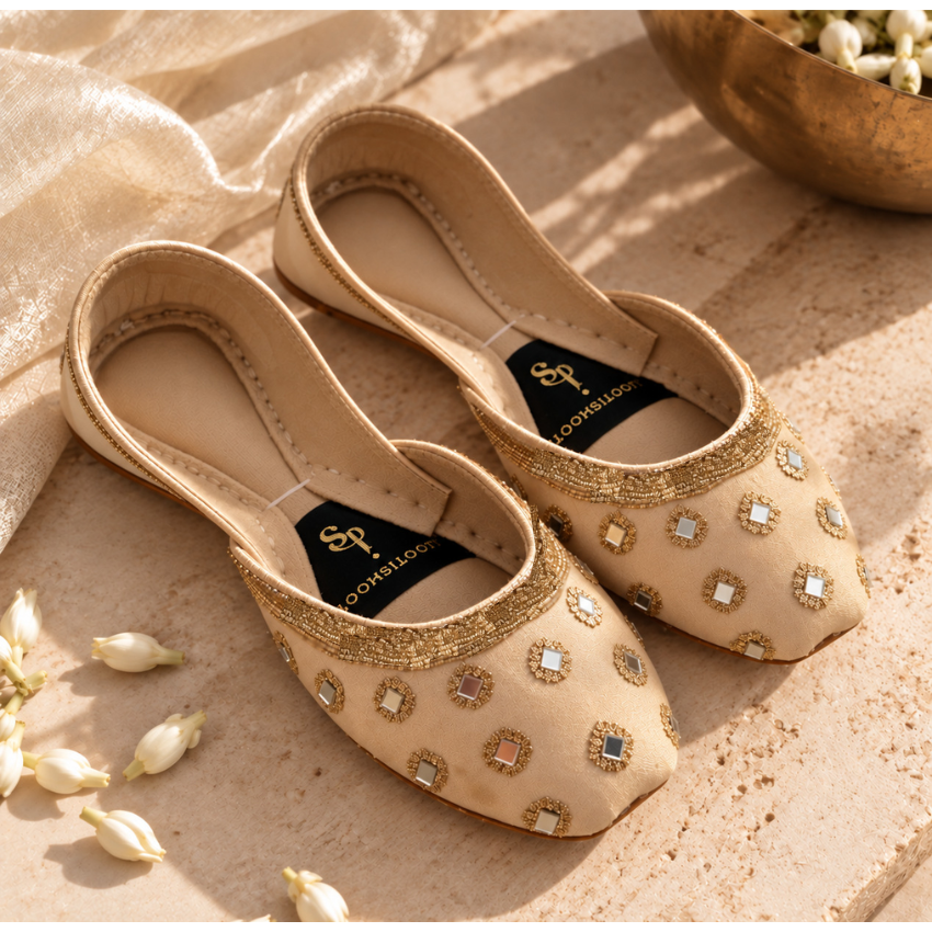 Gulpari Beige Tilla Raw Silk Khussa For Women