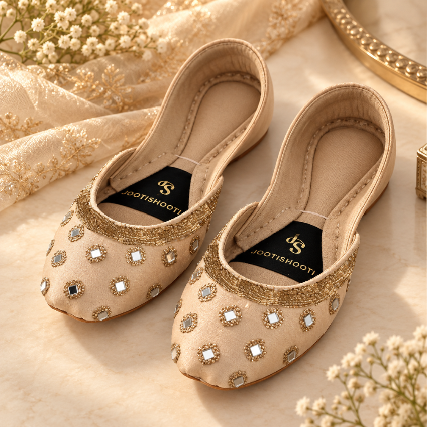 Gulpari Beige Tilla Raw Silk Khussa For Women