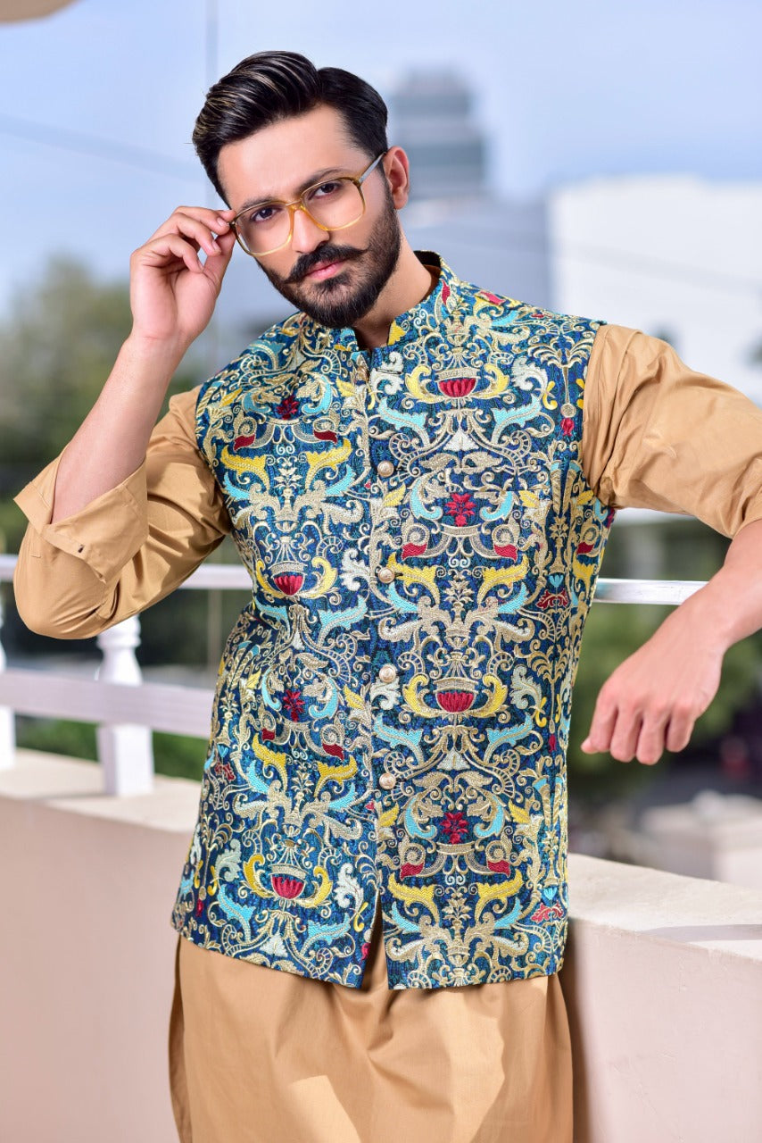 Multi Color Embroidered Waist Coat For Men
