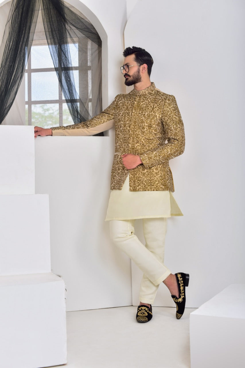 Golden Color Embroidered Prince Coat For Men