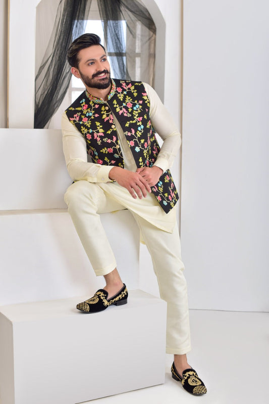 Black Multi Colored Flower Embroidered Waist Coat For Men