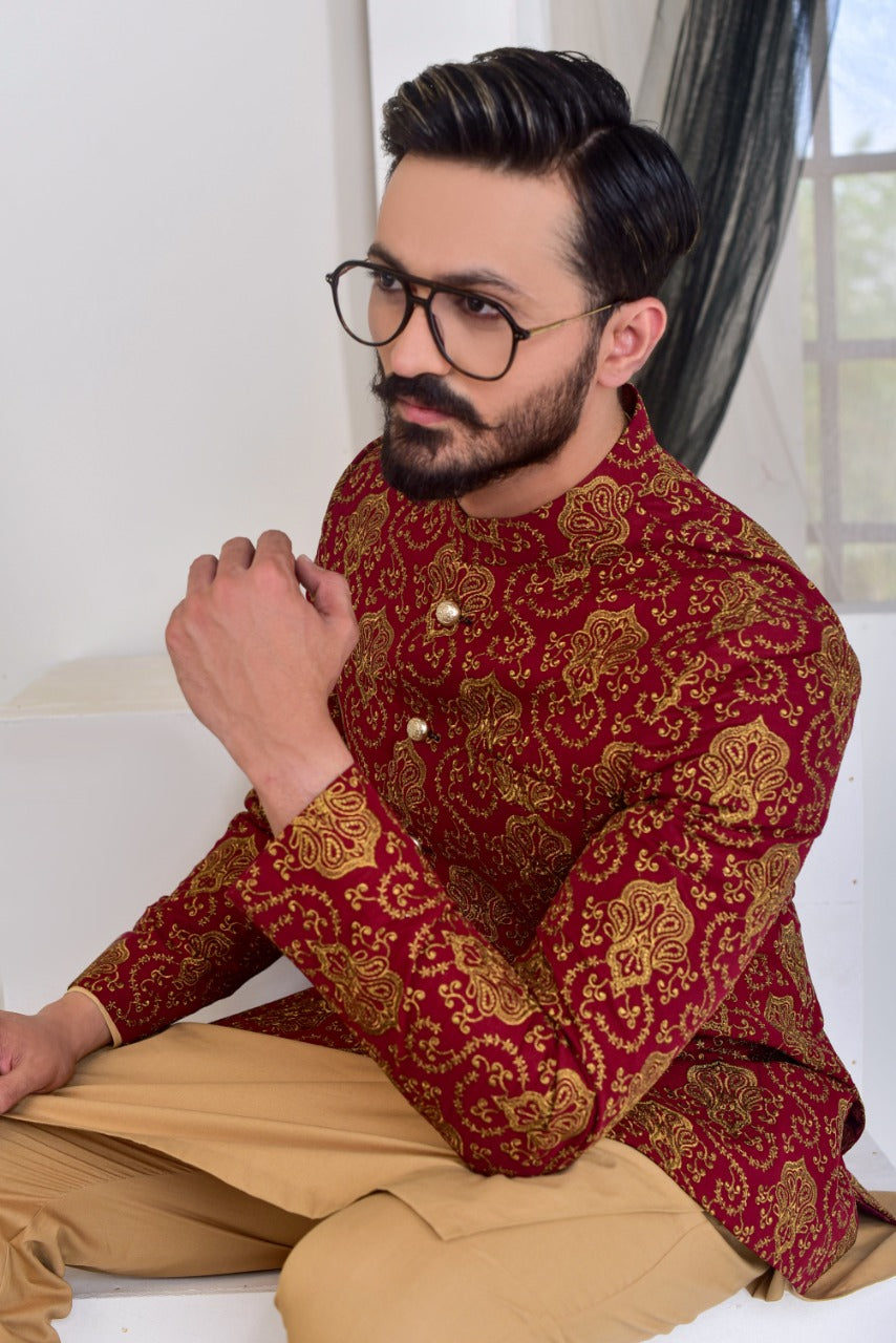 Maroon Color Copper Embroidered Prince Coat For Men