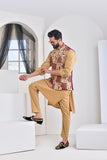 Maroon Zari Kasab Embroidered Waist Coat For Men