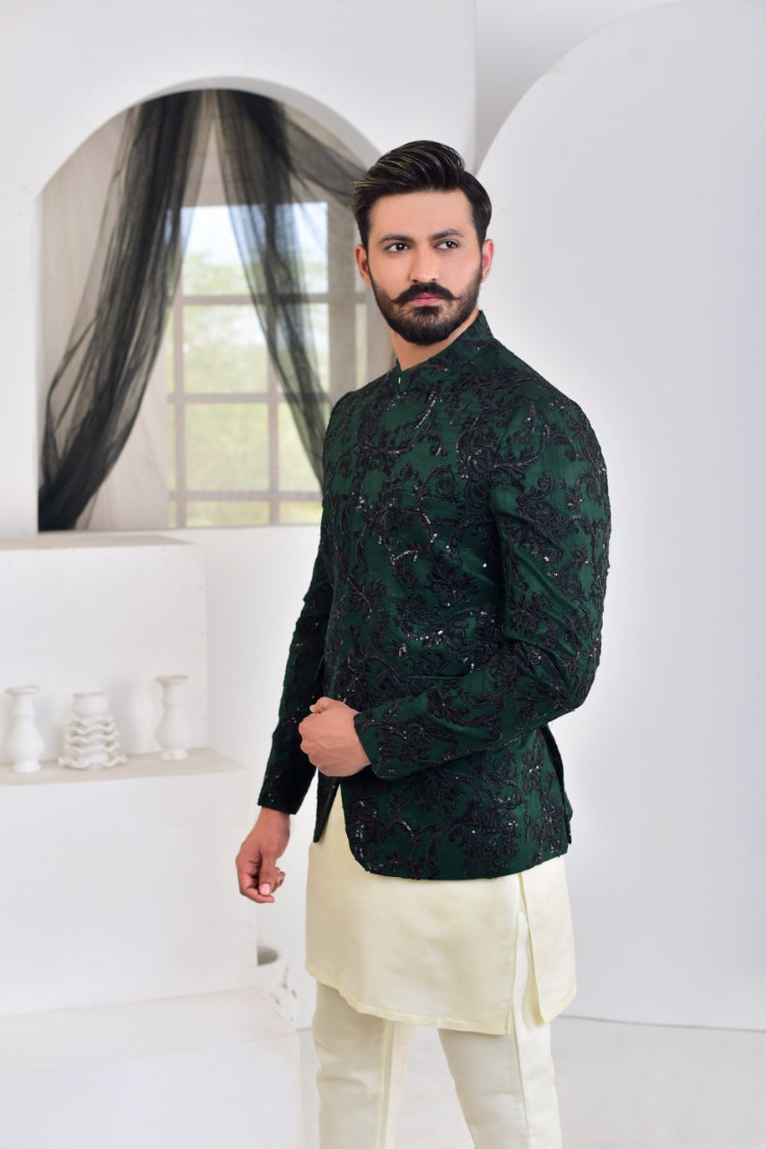 Green Color Embroidered Prince Coat For Men