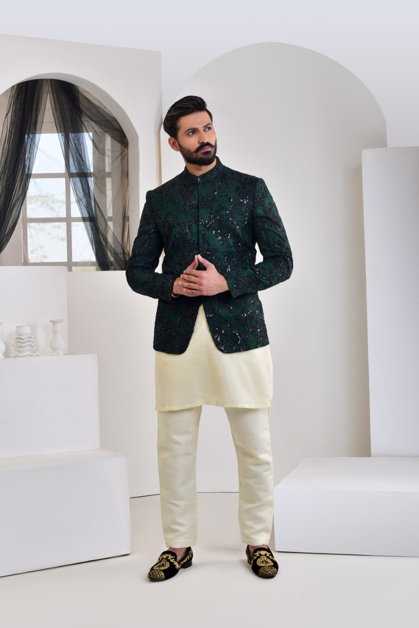 Green Color Embroidered Prince Coat For Men