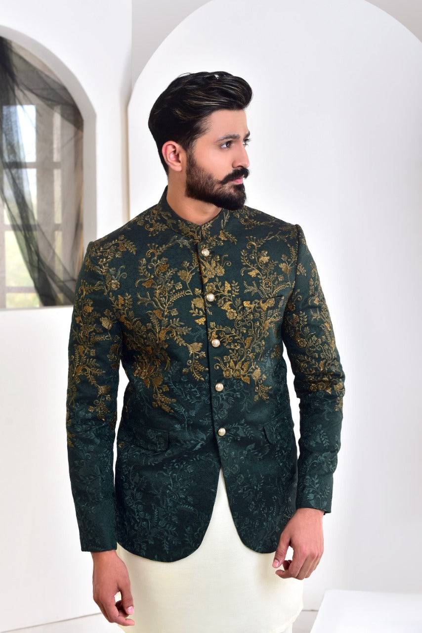 Sea-Green Color Embroidered Prince Coat For Men