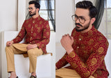 Maroon Color Copper Embroidered Prince Coat For Men