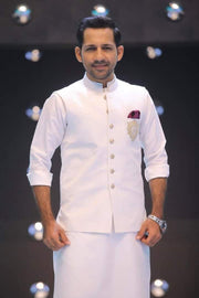 White Color Embroidered Waist Coat For Men