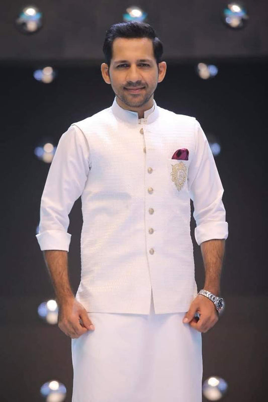 White Color Embroidered Waist Coat For Men