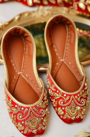 Elegant Red Zardozi Worked Khussa with Soft Padded Sole For Women