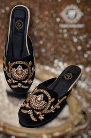 Handcrafted Black Velvet Mules with Crystals, Cut Dana & Zardozi For Women