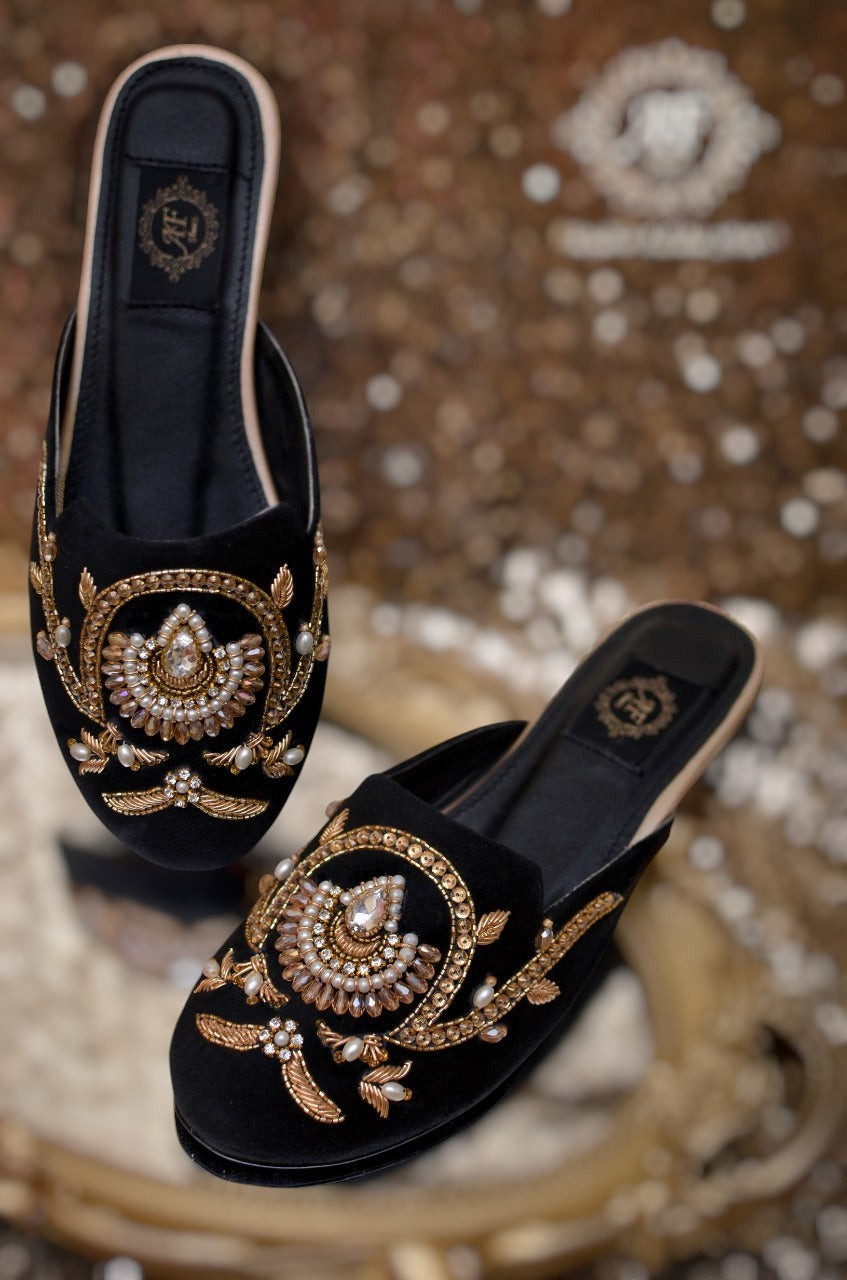 Handcrafted Black Velvet Mules with Crystals, Cut Dana & Zardozi For Women