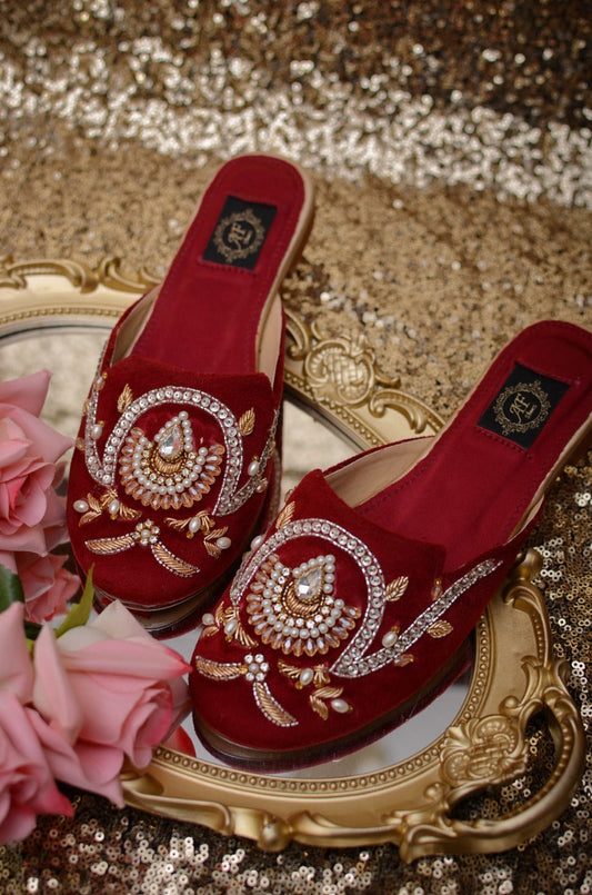 Handcrafted Maroon Velvet Mules with Crystals, Cut Dana & Zardozi For Women