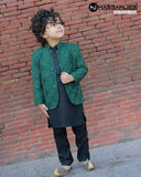 Majestic Dark Green Embroidered Prince Coat For Boys