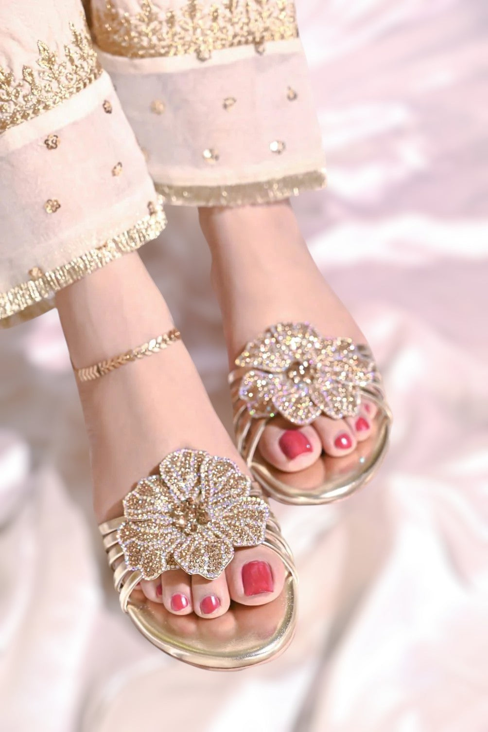 Jade Bottle Green, Black, Silver & Gold 3D Flower Flats – Bold & Elegant For Women