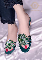 Jade Bottle Green, Black, Silver & Gold 3D Flower Flats – Bold & Elegant For Women