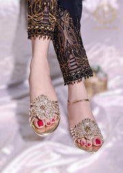 Jade Bottle Green, Black, Silver & Gold 3D Flower Flats – Bold & Elegant For Women