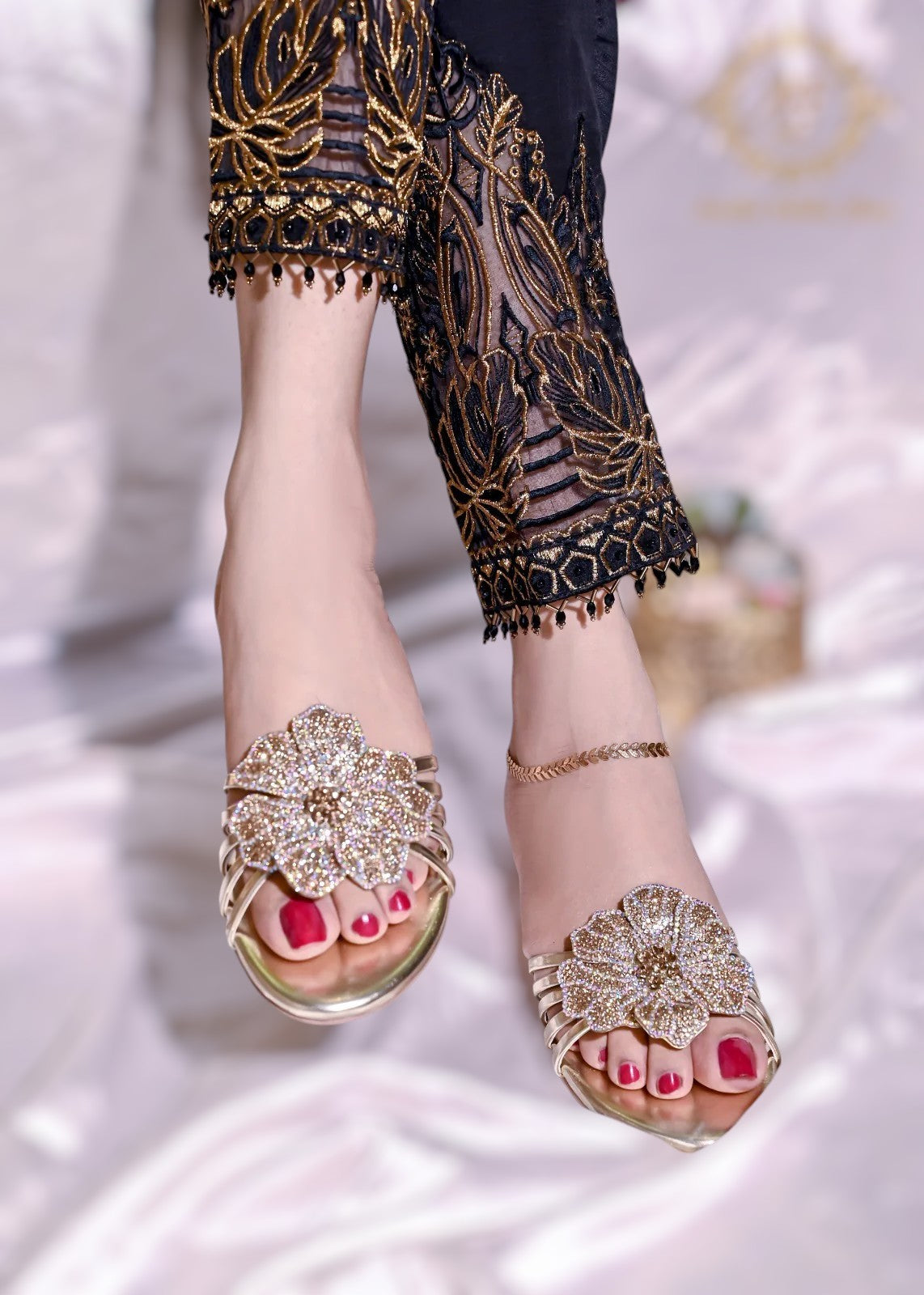 Jade Bottle Green, Black, Silver & Gold 3D Flower Flats – Bold & Elegant For Women