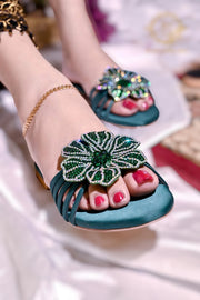 Jade Bottle Green, Black, Silver & Gold 3D Flower Flats – Bold & Elegant For Women