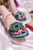 Jade Bottle Green, Black, Silver & Gold 3D Flower Flats – Bold & Elegant For Women