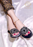 Jade Bottle Green, Black, Silver & Gold 3D Flower Flats – Bold & Elegant For Women