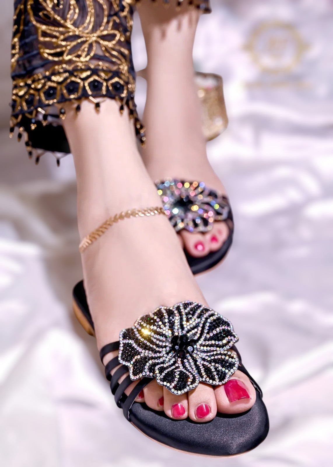 Jade Bottle Green, Black, Silver & Gold 3D Flower Flats – Bold & Elegant For Women
