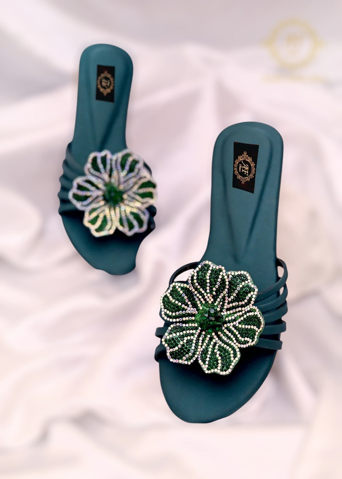 Jade Bottle Green, Black, Silver & Gold 3D Flower Flats – Bold & Elegant For Women