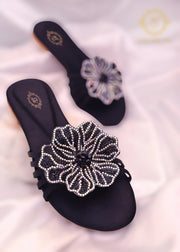 Jade Bottle Green, Black, Silver & Gold 3D Flower Flats – Bold & Elegant For Women