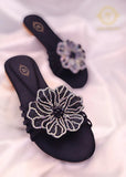 Jade Bottle Green, Black, Silver & Gold 3D Flower Flats – Bold & Elegant For Women