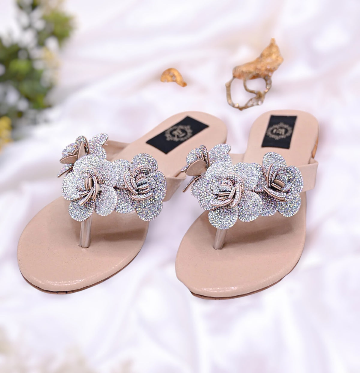 Rosatte Peach Pink , Gold , Black & Beige Faux Leather Slides For Women