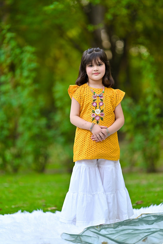 Mustard Embroidered Garara Set For Girls