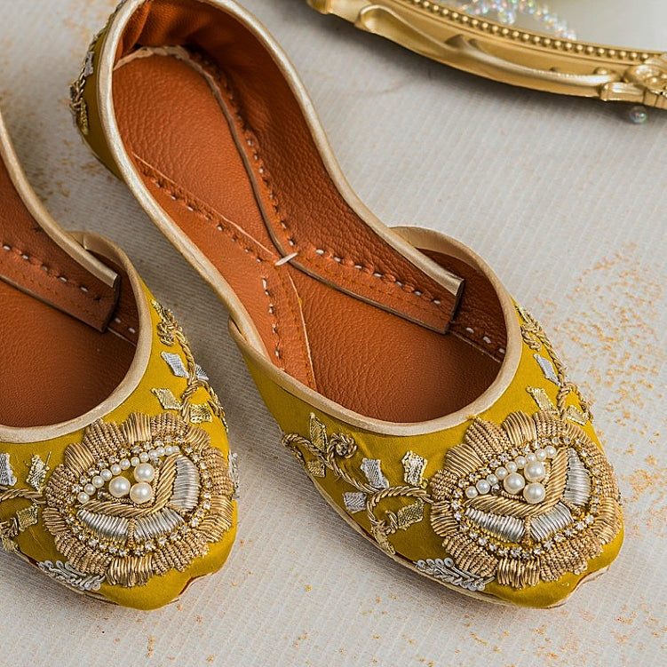 Mustard Khussa: Elegant Zardozi and Gota Patti Footwear For Women