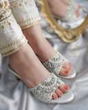 Silver Jewel Heels - Elegant Mid Heels with Crystals & Pearls For Women