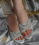 Silver Jewel Heels - Elegant Mid Heels with Crystals & Pearls For Women