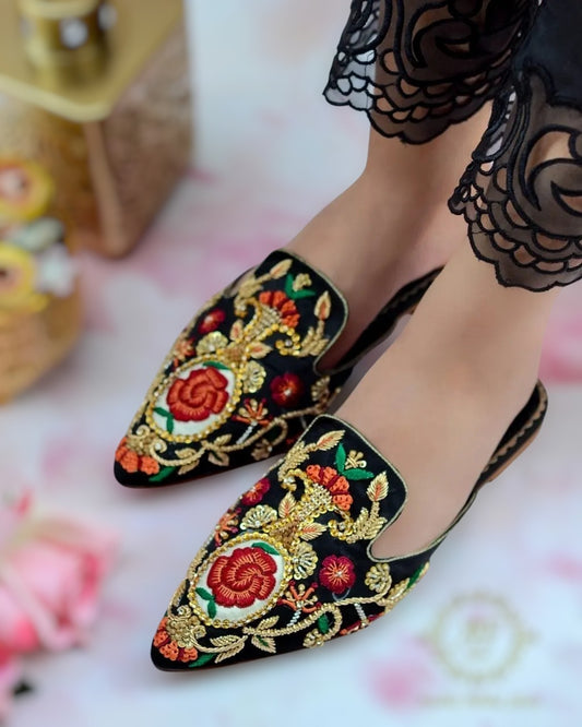 Black Mules with Elegant Resham & Zardozi Work For Women