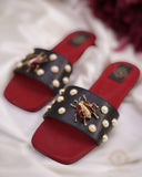 Ladybug Black and Maroon Slides - Pearl Embellished Ladybug Brooch Design For Women