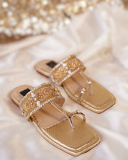 Golden T-Shape Kohlapuris with Kora Dabka and Swarovski Work For Women