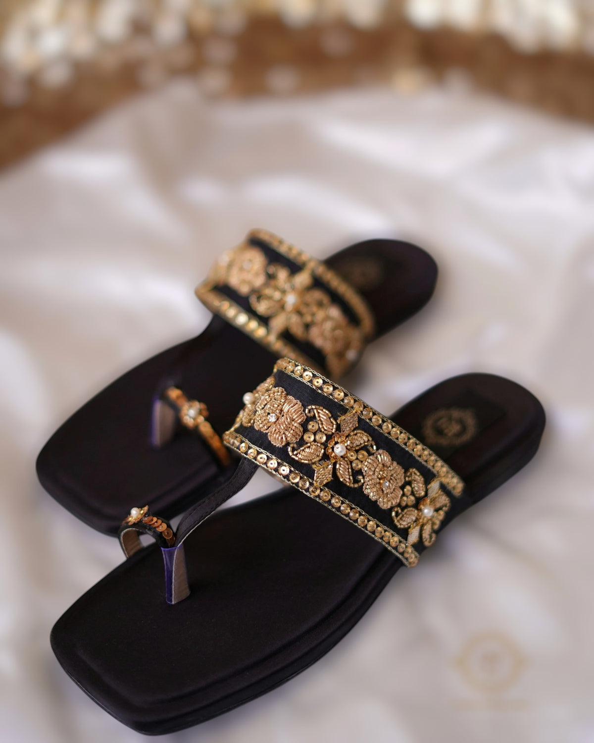 Back Satin T-Shape Kohlapuris with Kora Dabka and Swarovski Stones For Women