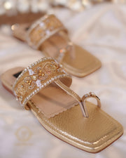 Golden T-Shape Kohlapuris with Kora Dabka and Swarovski Work For Women