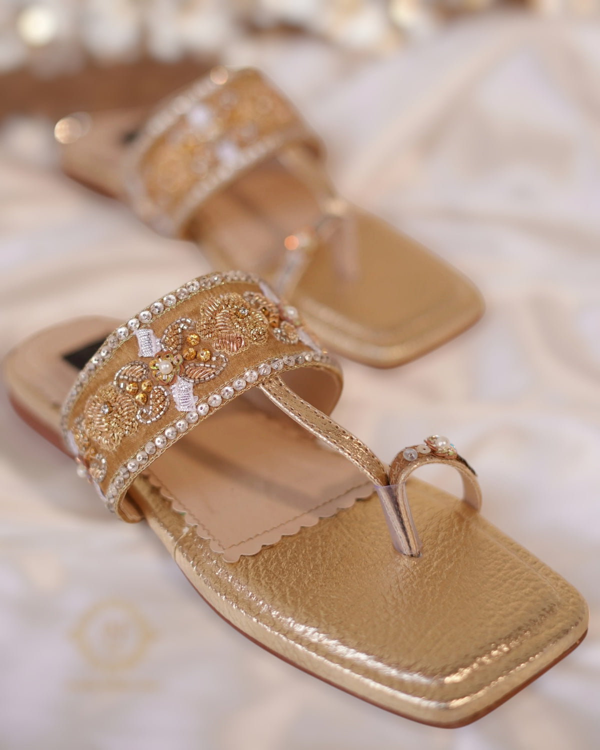Golden T-Shape Kohlapuris with Kora Dabka and Swarovski Work For Women