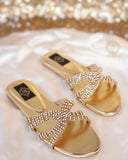 Asmara Gold Slides - Handstitched Crystals on Shiny Gold Base For Women