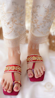 Maroon Satin T-Shape Kohlapuris with Kora Dabka and Swarovski Stones For Women