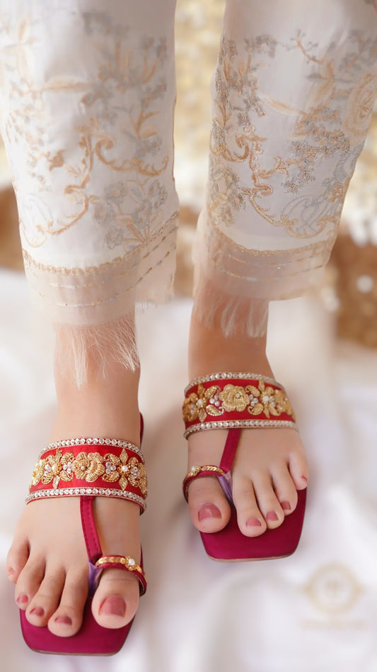 Maroon Satin T-Shape Kohlapuris with Kora Dabka and Swarovski Stones For Women