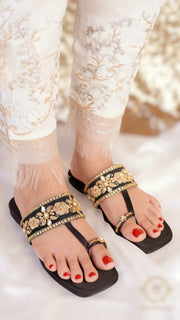Back Satin T-Shape Kohlapuris with Kora Dabka and Swarovski Stones For Women